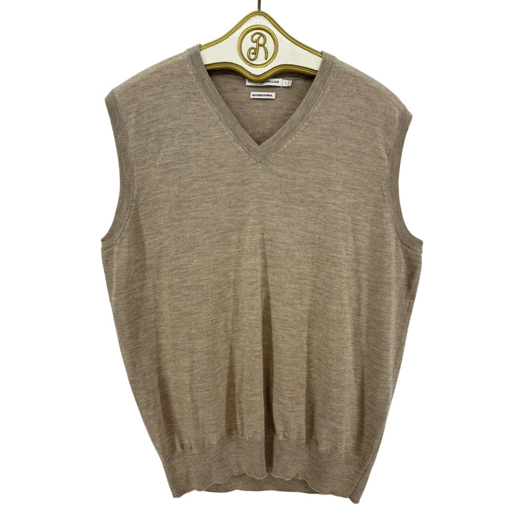Peter Millar Merino Wool Sweater Vest LARGE Tan V Neck Knit Pullover Layering